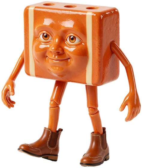 Brick — a glazed orange brick with a face, arms, legs and boots