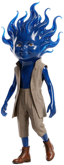 Cosmo — a humanoid character with a blue glass flame for hair, in a tweed jacket and boots